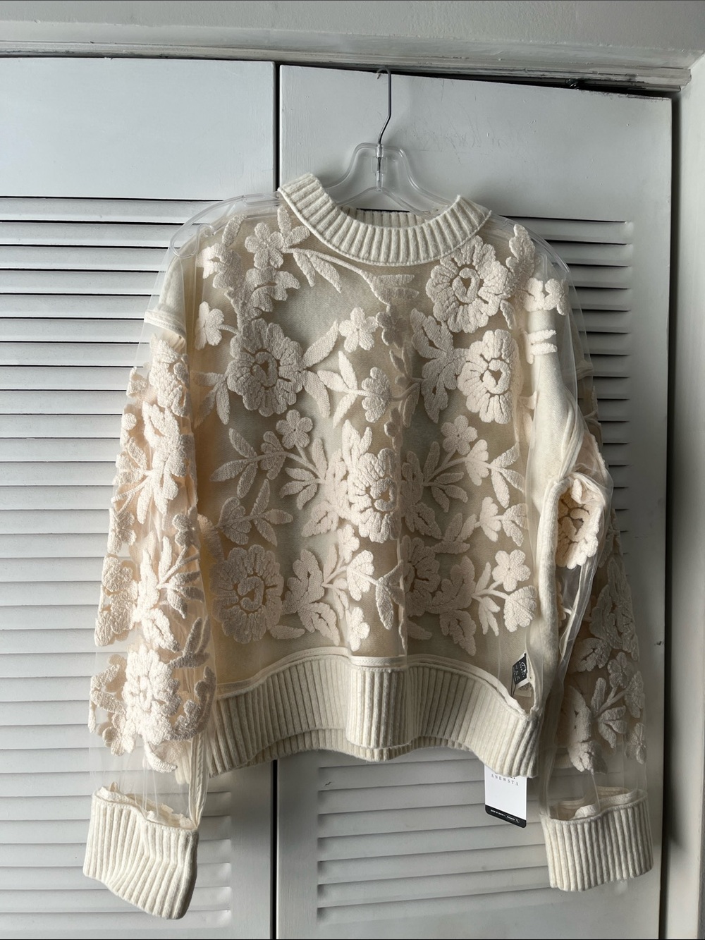Anewsta Semi-Sheer Lg Cream Floral Embroidered Crewneck Sweater